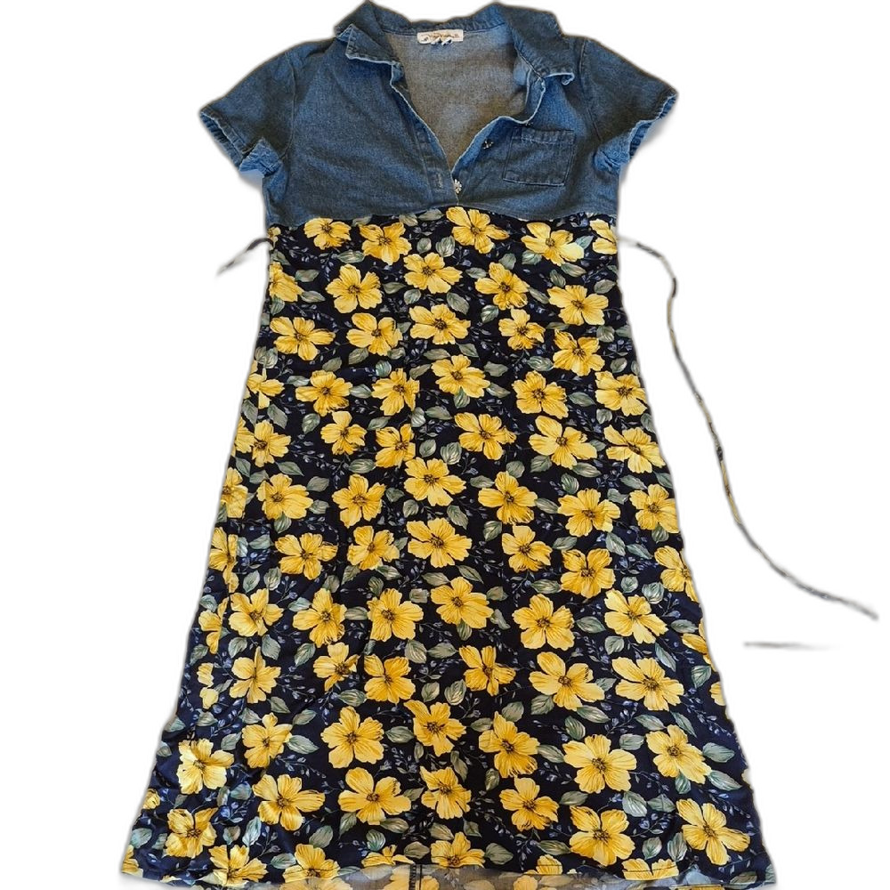 My Michelle Girls Size 12 Denim & Floral Mock Dress Butterfly Embroidered Blue